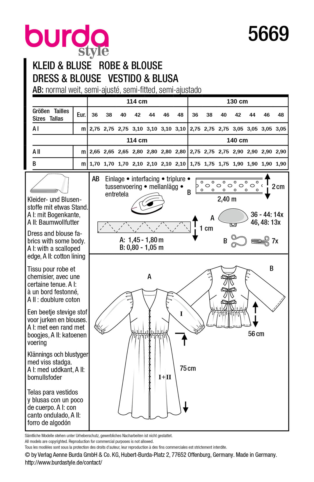 Burda Schnittmuster 5669 – Damen Midi-Kleid & Bluse mit Couture-Details