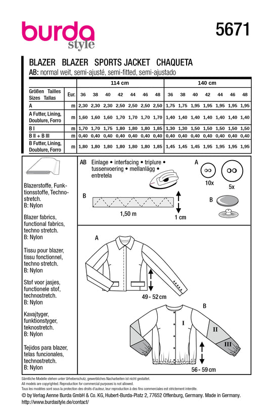 Burda Schnittmuster 5671 – Damen Blazer & Blouson im Trend-Look