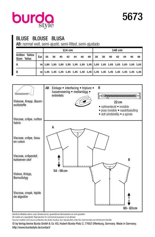 Burda Schnittmuster 5673 – Damen Kurzarm-Blusen mit modernen Details