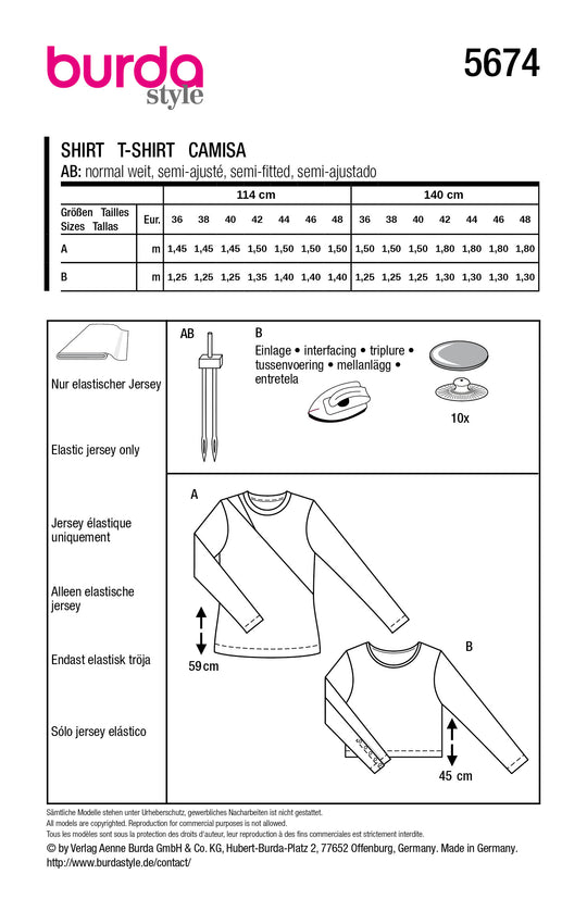 Burda Schnittmuster 5674 – Damen Langarm-Shirts mit modischen Details