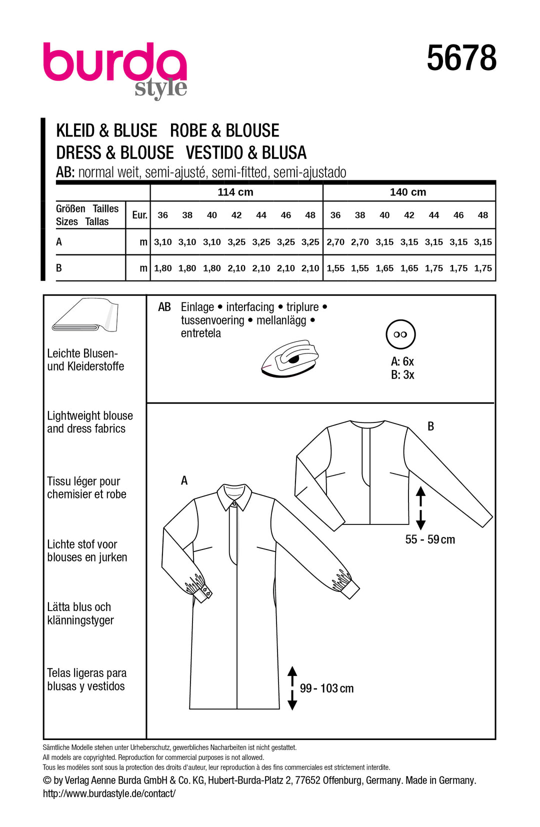 Burda Schnittmuster 5678 – Damen Blusenkleid & Bluse im Sixties-Look