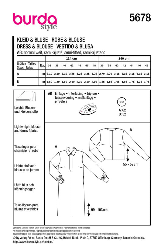Burda Schnittmuster 5678 – Damen Blusenkleid & Bluse im Sixties-Look
