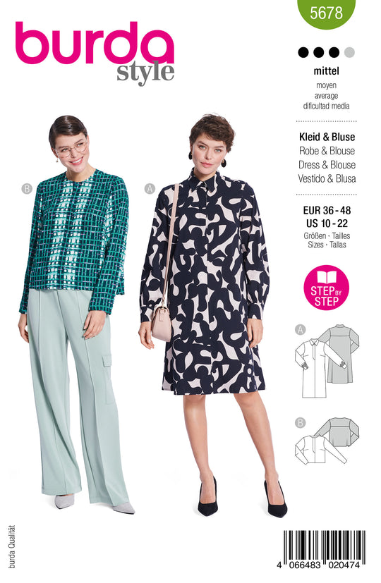Burda Schnittmuster 5678 – Damen Blusenkleid & Bluse im Sixties-Look