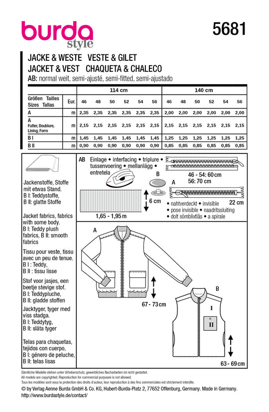 Burda Schnittmuster 5681 – Herren Blouson & Weste mit sportlichem Look