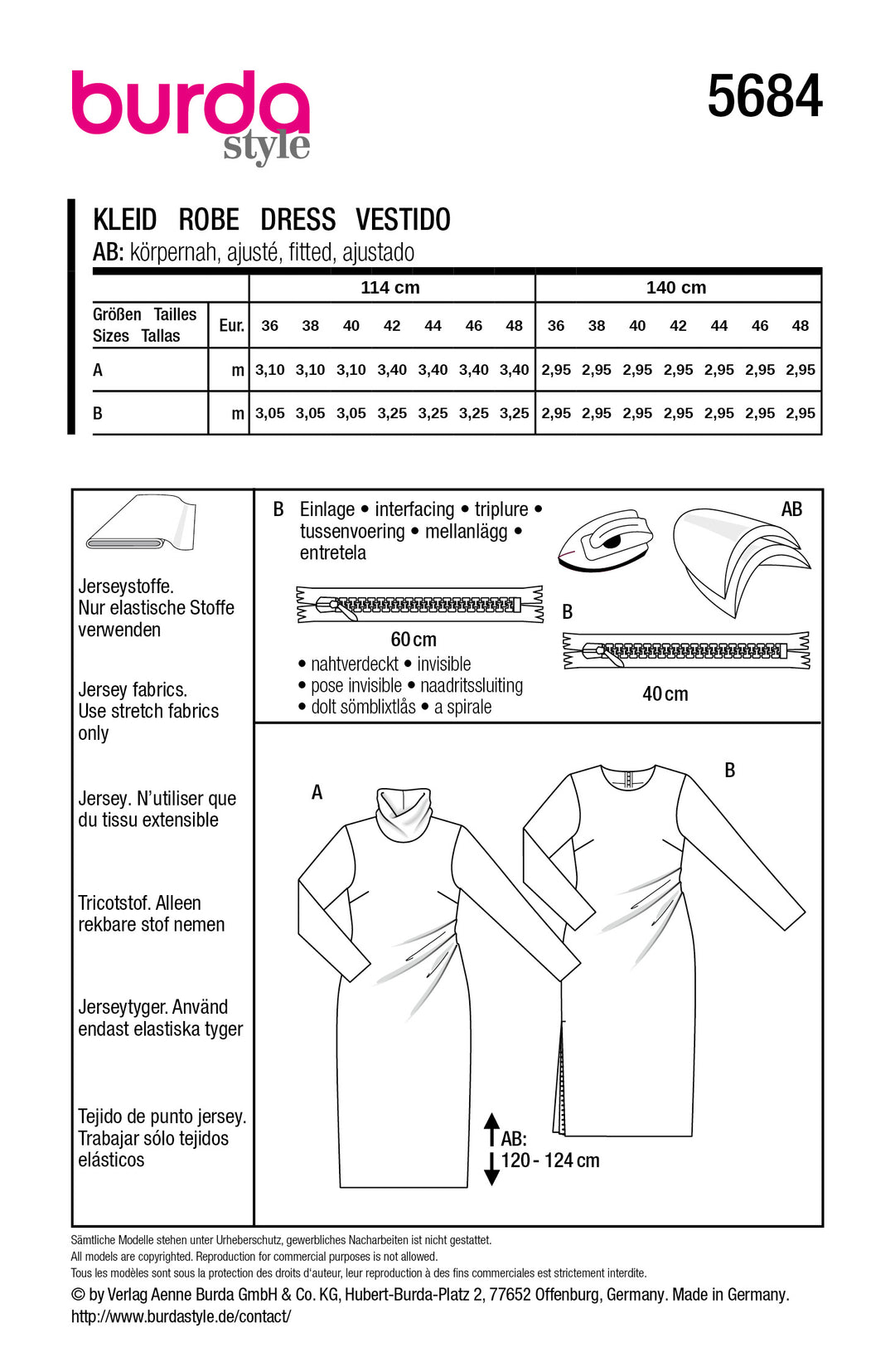 Burda Schnittmuster 5684 – Damen Midi-Kleider mit Drapierung (2 easy Varianten)