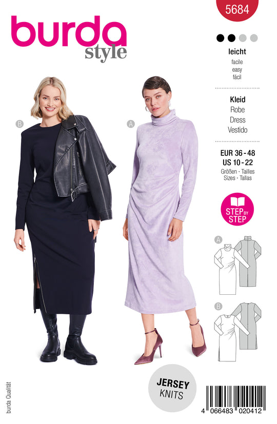 Burda Schnittmuster 5684 – Damen Midi-Kleider mit Drapierung (2 easy Varianten)