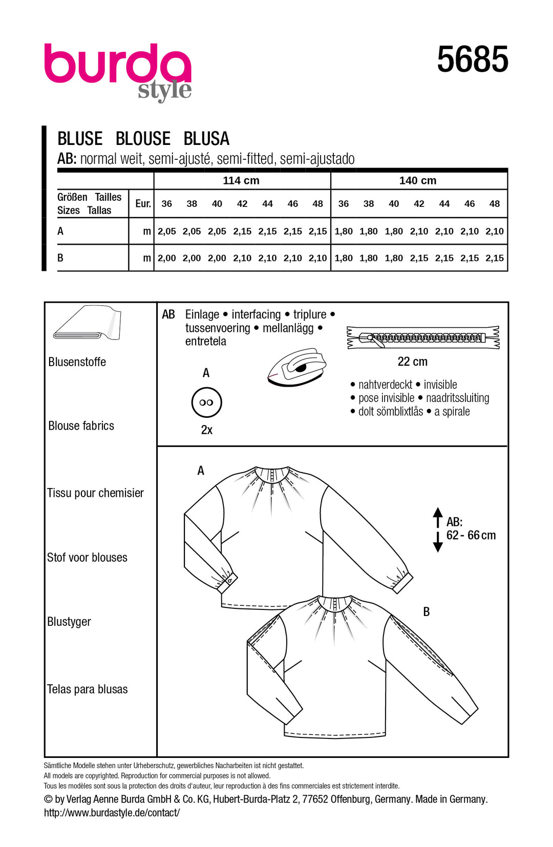 Burda Schnittmuster 5685 – Damen Blusen mit Falten (2 easy Varianten)