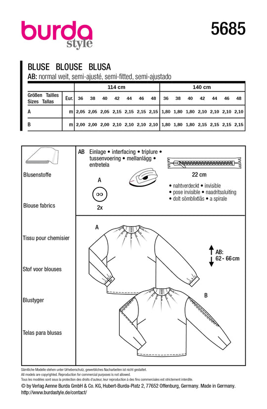 Burda Schnittmuster 5685 – Damen Blusen mit Falten (2 easy Varianten)
