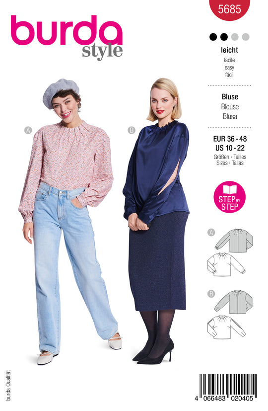 Burda Schnittmuster 5685 – Damen Blusen mit Falten (2 easy Varianten)