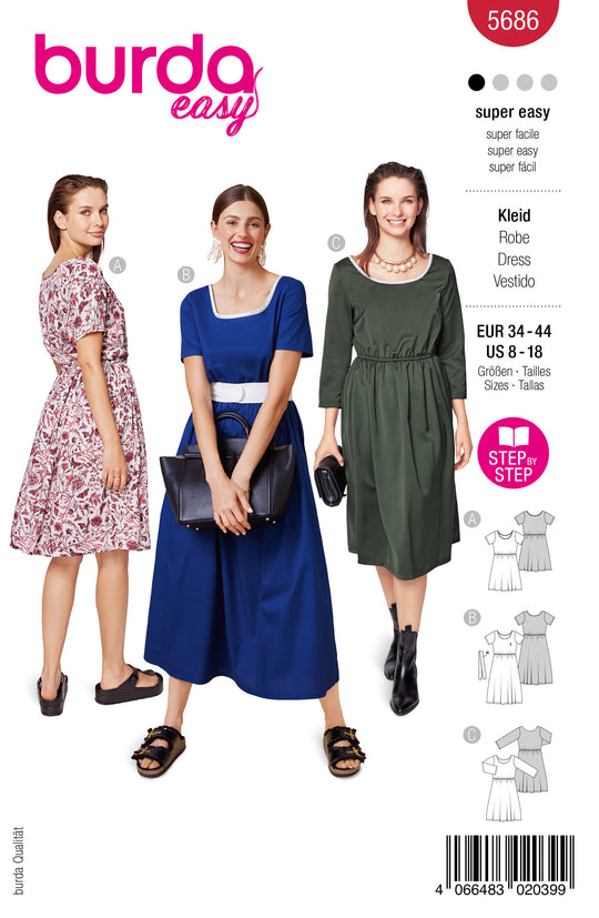 Burda Schnittmuster 5686 – Damen Sommerkleider mit betonter Taille