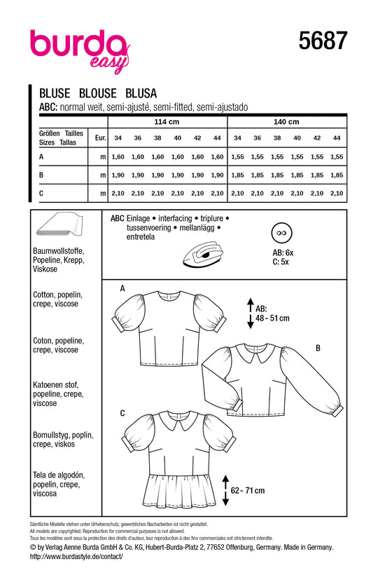 Burda Schnittmuster 5687 – Damen Blusen mit Puffärmeln (burda easy)