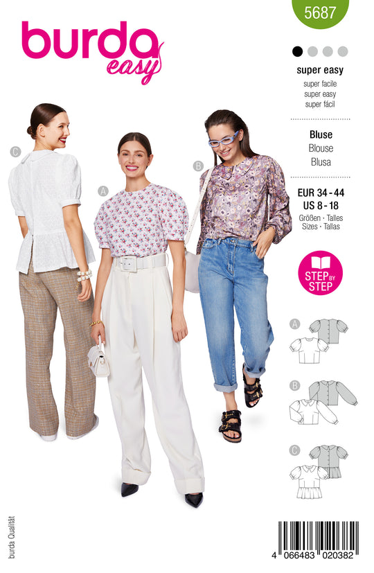 Burda Schnittmuster 5687 – Damen Blusen mit Puffärmeln (burda easy)