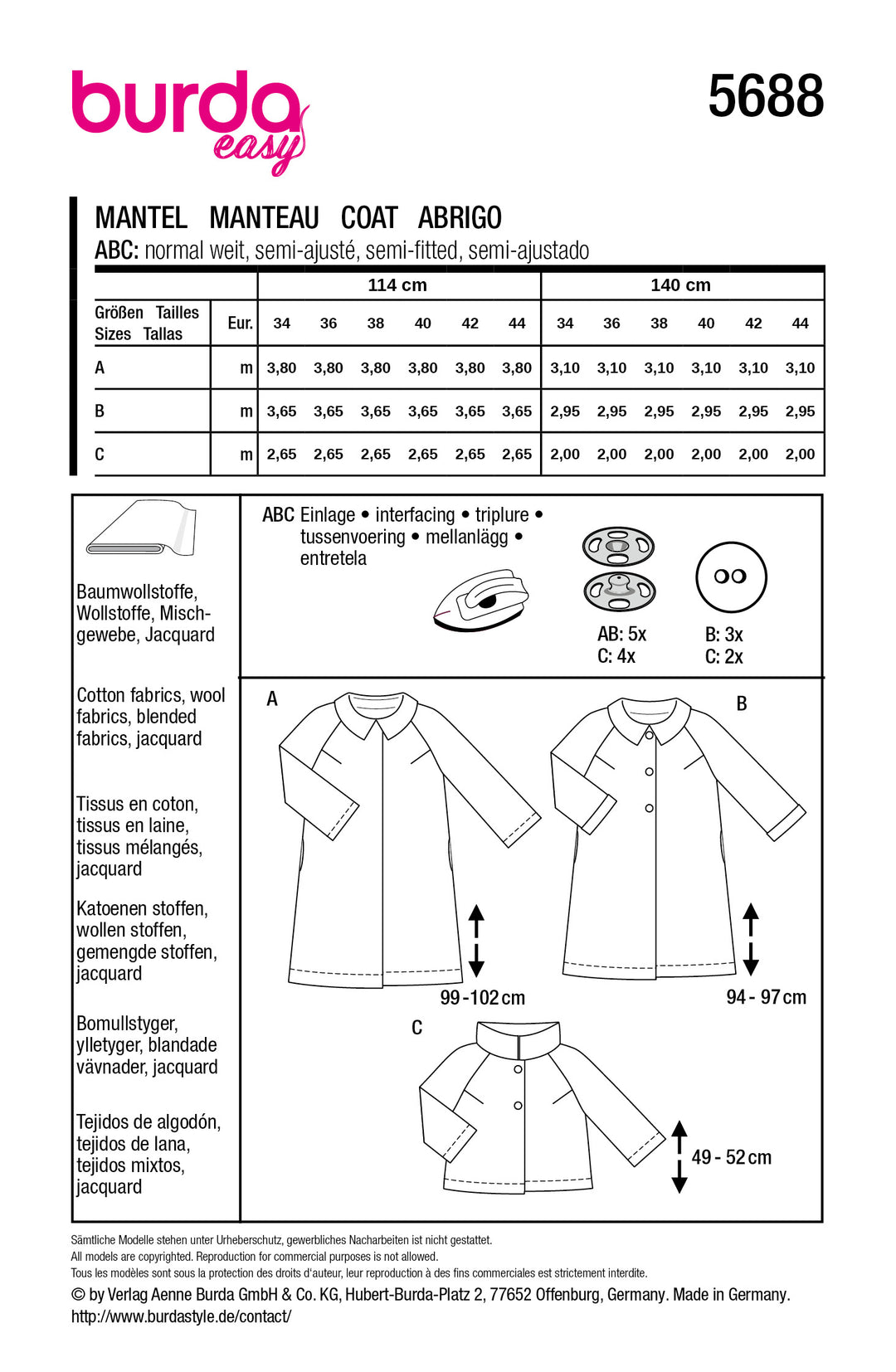 Burda Schnittmuster 5688 – Damen Jacken & Mäntel im Retro-Look (3 Varianten)
