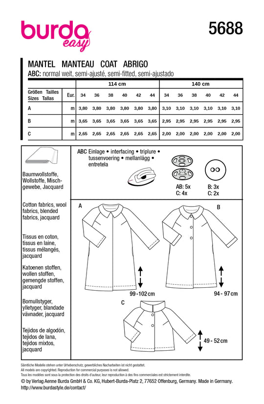 Burda Schnittmuster 5688 – Damen Jacken & Mäntel im Retro-Look (3 Varianten)