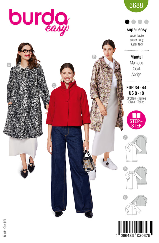Burda Schnittmuster 5688 – Damen Jacken & Mäntel im Retro-Look (3 Varianten)
