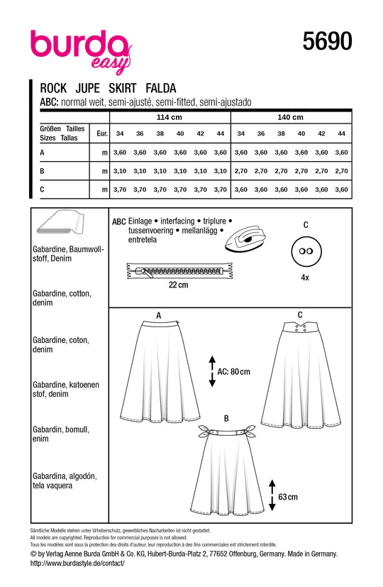 Burda Schnittmuster 5690 – Damen Glockenröcke in drei Varianten (easy)