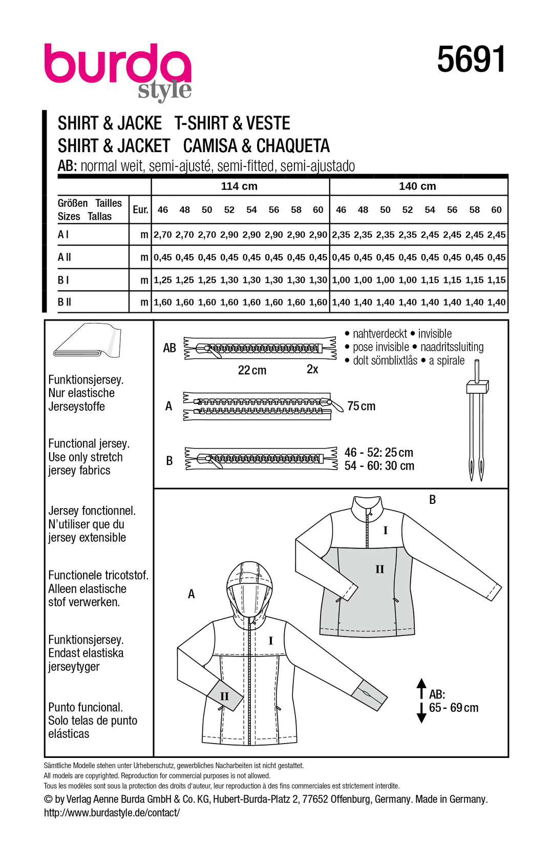 Burda Schnittmuster 5691 – Damen Sportswear Shirts mit Nahttaschen