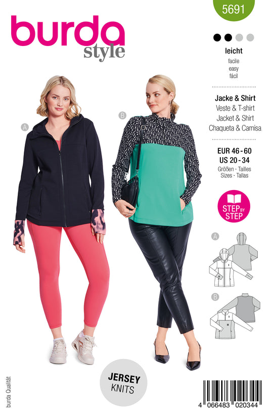 Burda Schnittmuster 5691 – Damen Sportswear Shirts mit Nahttaschen