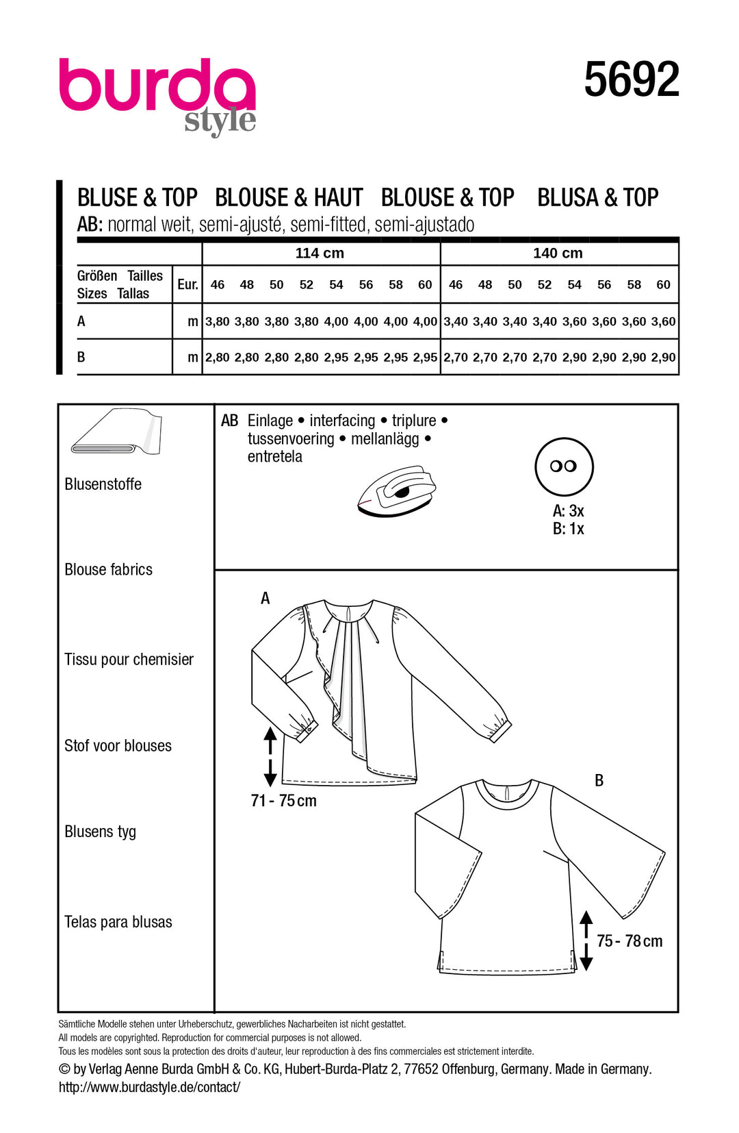 Burda Schnittmuster 5692 – Damen Bluse & Shirt mit Volant & 70s-Flair