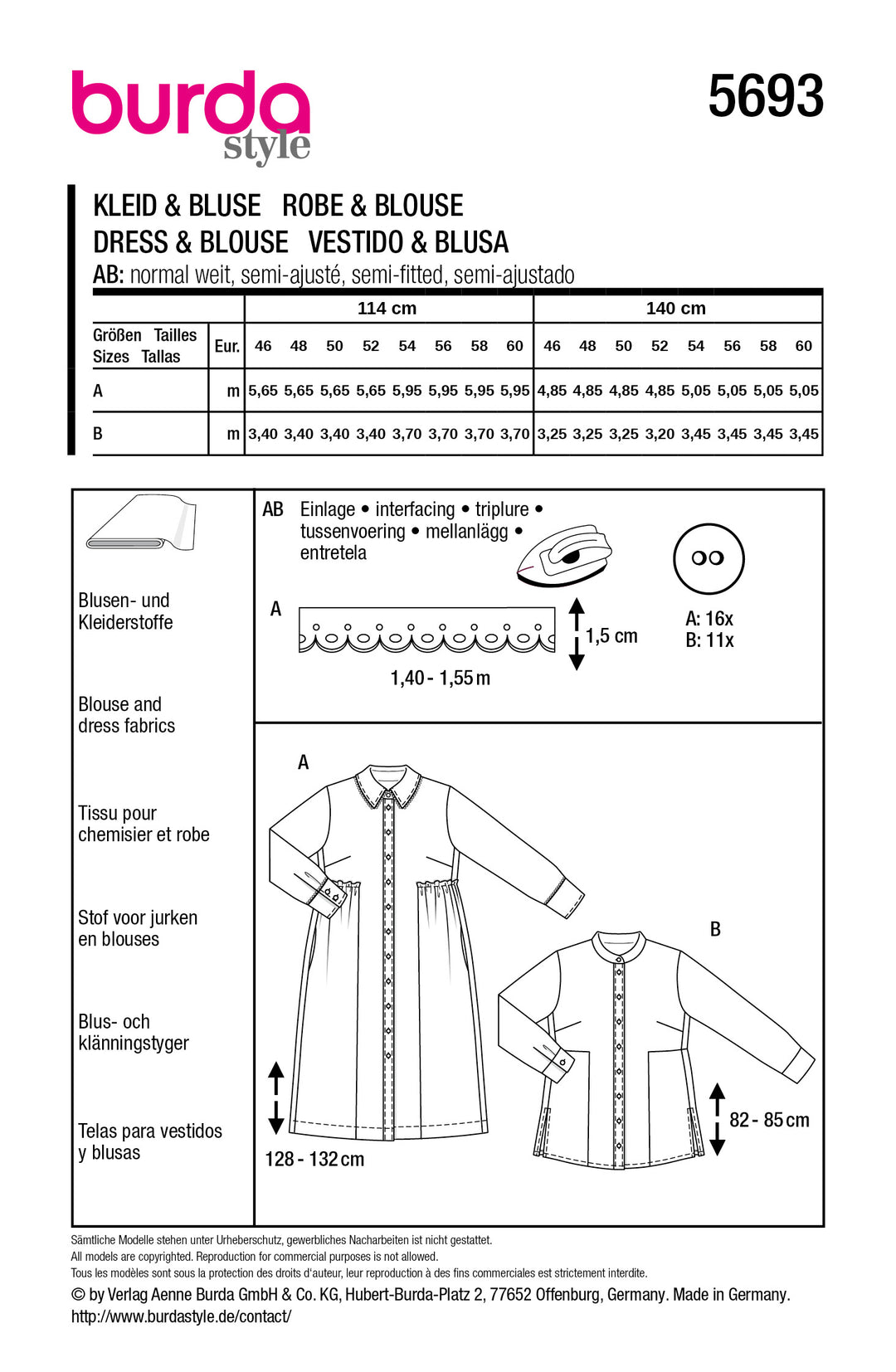 Burda Schnittmuster 5693 – Damen Blusenkleid & Bluse für Fortgeschrittene