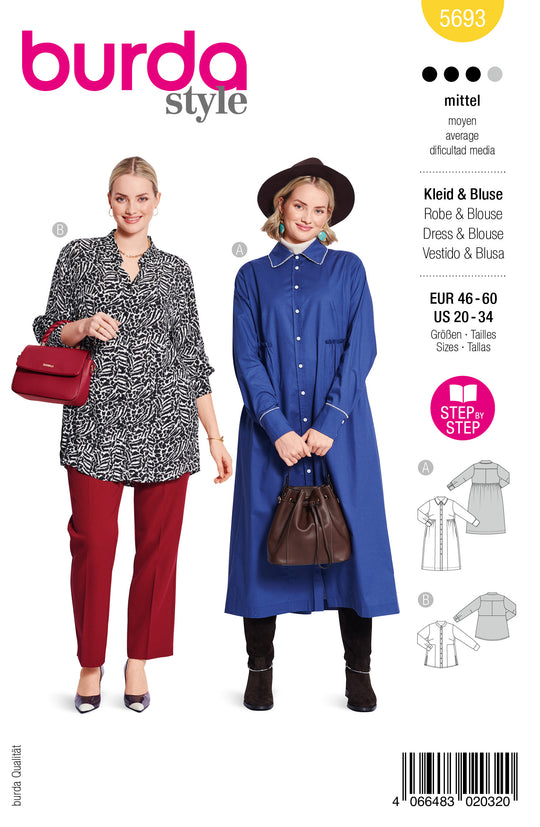 Burda Schnittmuster 5693 – Damen Blusenkleid & Bluse für Fortgeschrittene