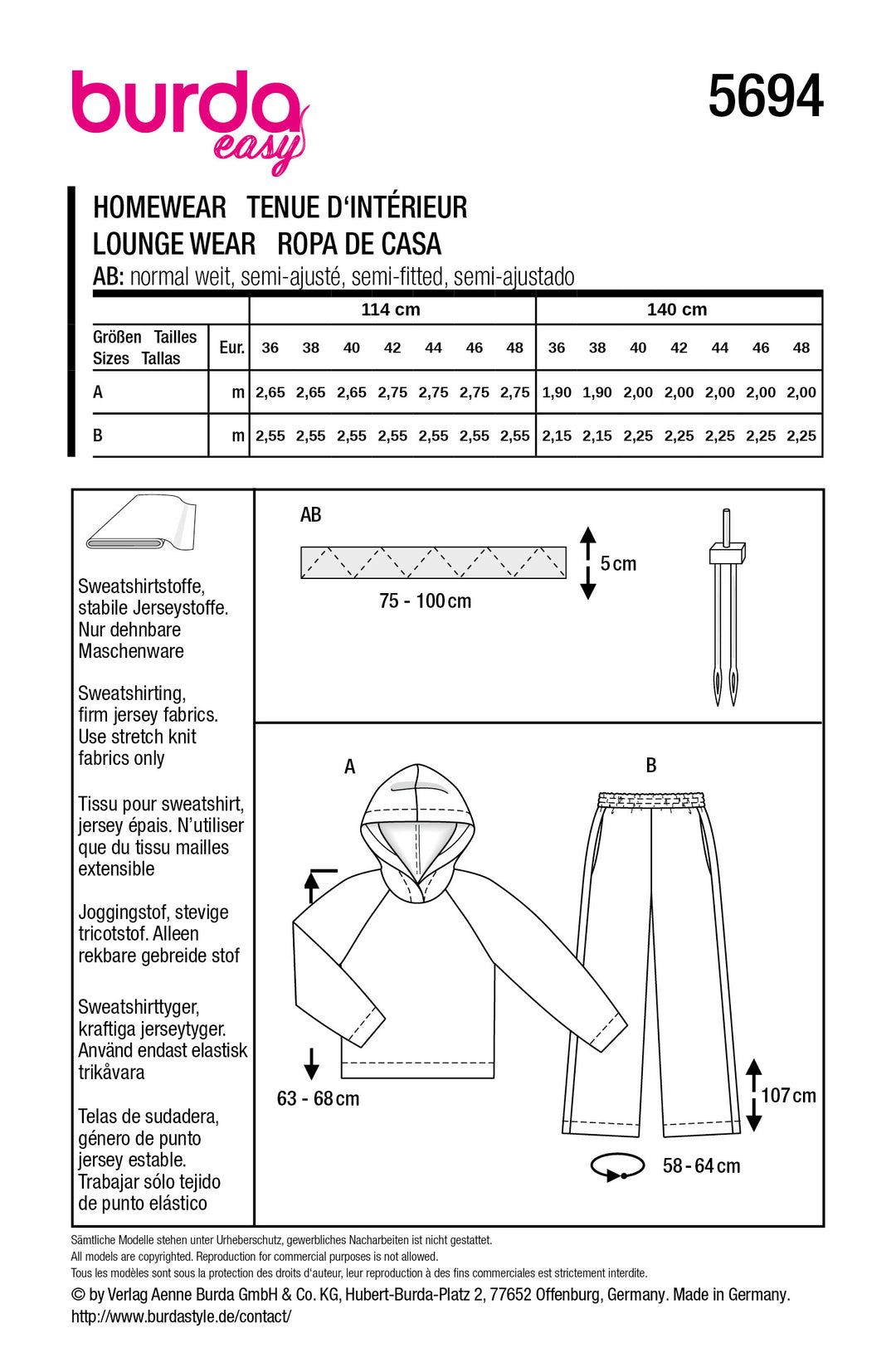 Burda Schnittmuster 5694 – Damen Homewear-Set mit Hoodie & Jogginghose