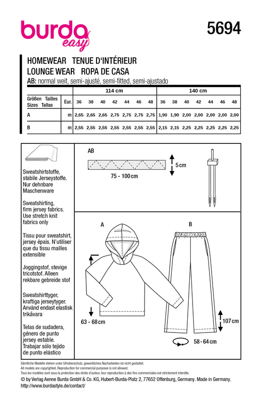 Burda Schnittmuster 5694 – Damen Homewear-Set mit Hoodie & Jogginghose