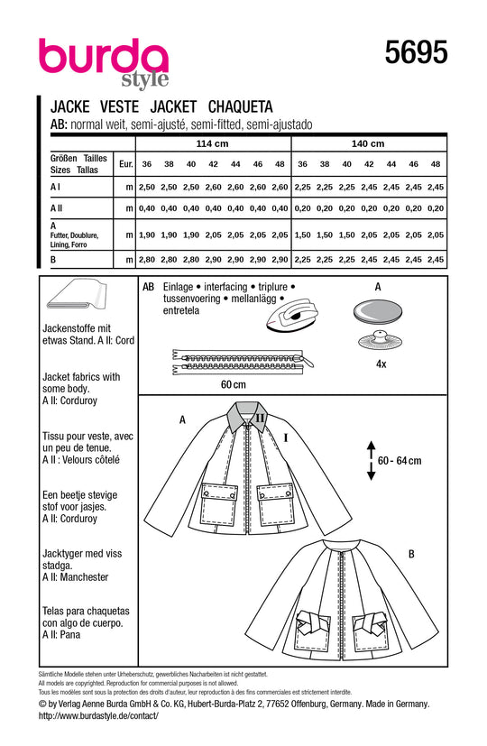 Burda Schnittmuster 5695 – Damen Jacken mit großen Taschen (2 easy Varianten)