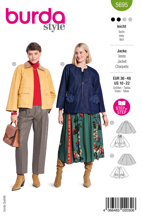 Burda Schnittmuster 5695 – Damen Jacken mit großen Taschen (2 easy Varianten)