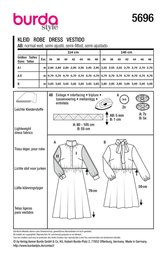 Burda Schnittmuster 5696 – Taillierte Damenkleider mit Color-Blocking & Schluppe