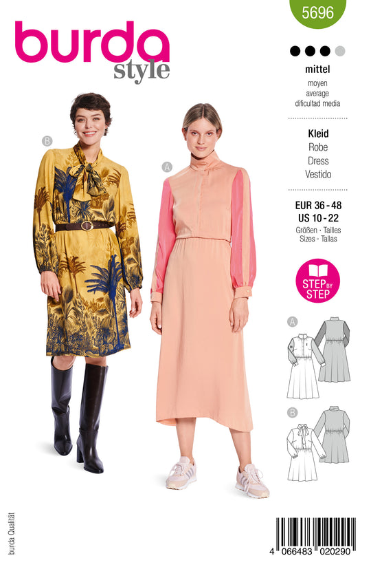 Burda Schnittmuster 5696 – Taillierte Damenkleider mit Color-Blocking & Schluppe