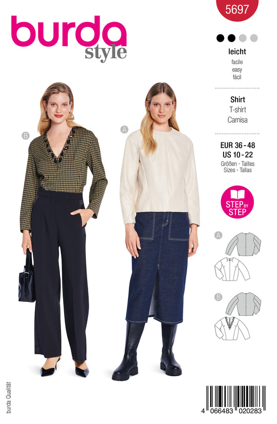 Burda Schnittmuster 5697 – Damen Langarmshirts mit Glamour & Trenddetails