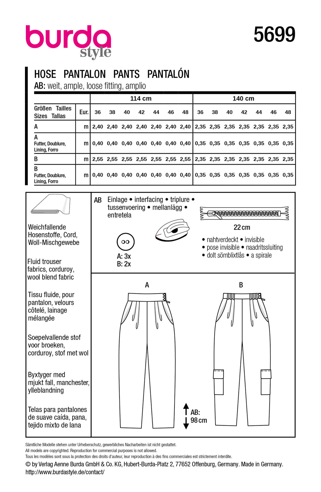 Burda Sewing Pattern 5699 – Women's Trousers with Pockets (2 easy variations)