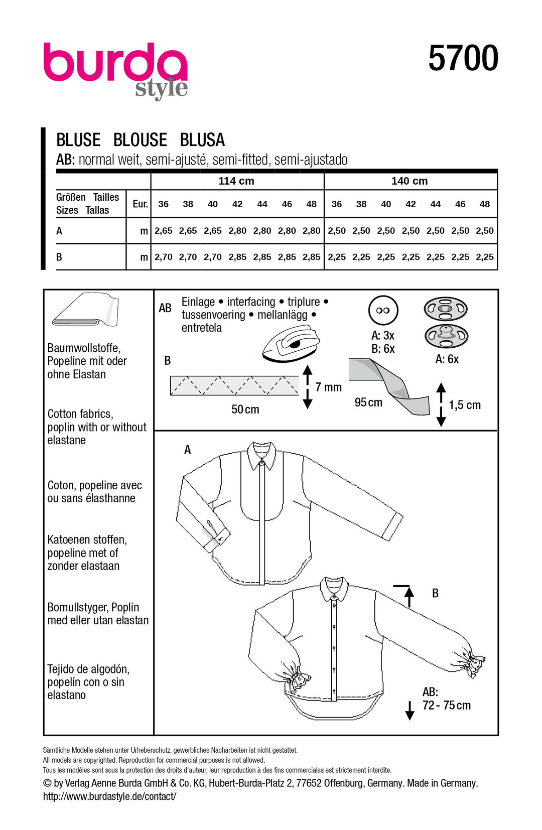 Burda Schnittmuster 5700 – Damen Blusen mit Knöpfen (2 Varianten)