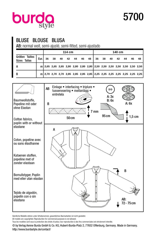 Burda Schnittmuster 5700 – Damen Blusen mit Knöpfen (2 Varianten)
