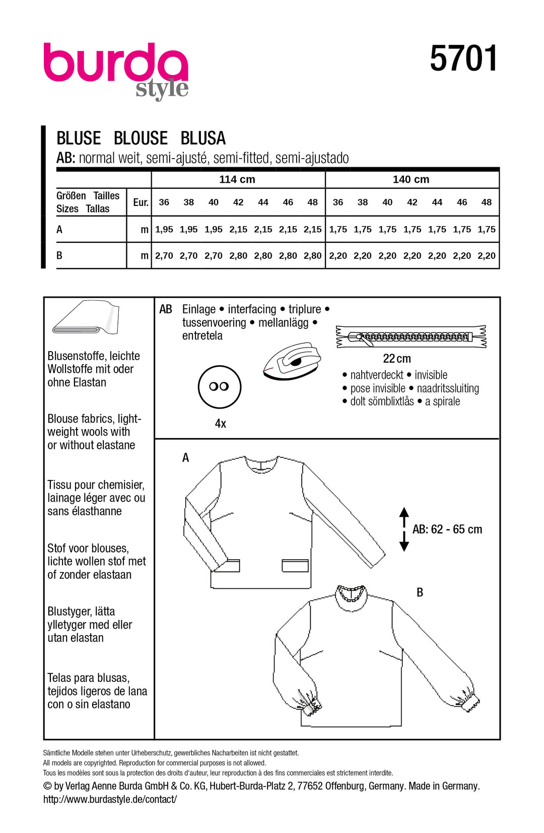 Burda Schnittmuster 5701 – Damen Langarmblusen mit raffinierten Details