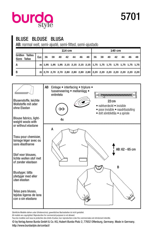 Burda Schnittmuster 5701 – Damen Langarmblusen mit raffinierten Details