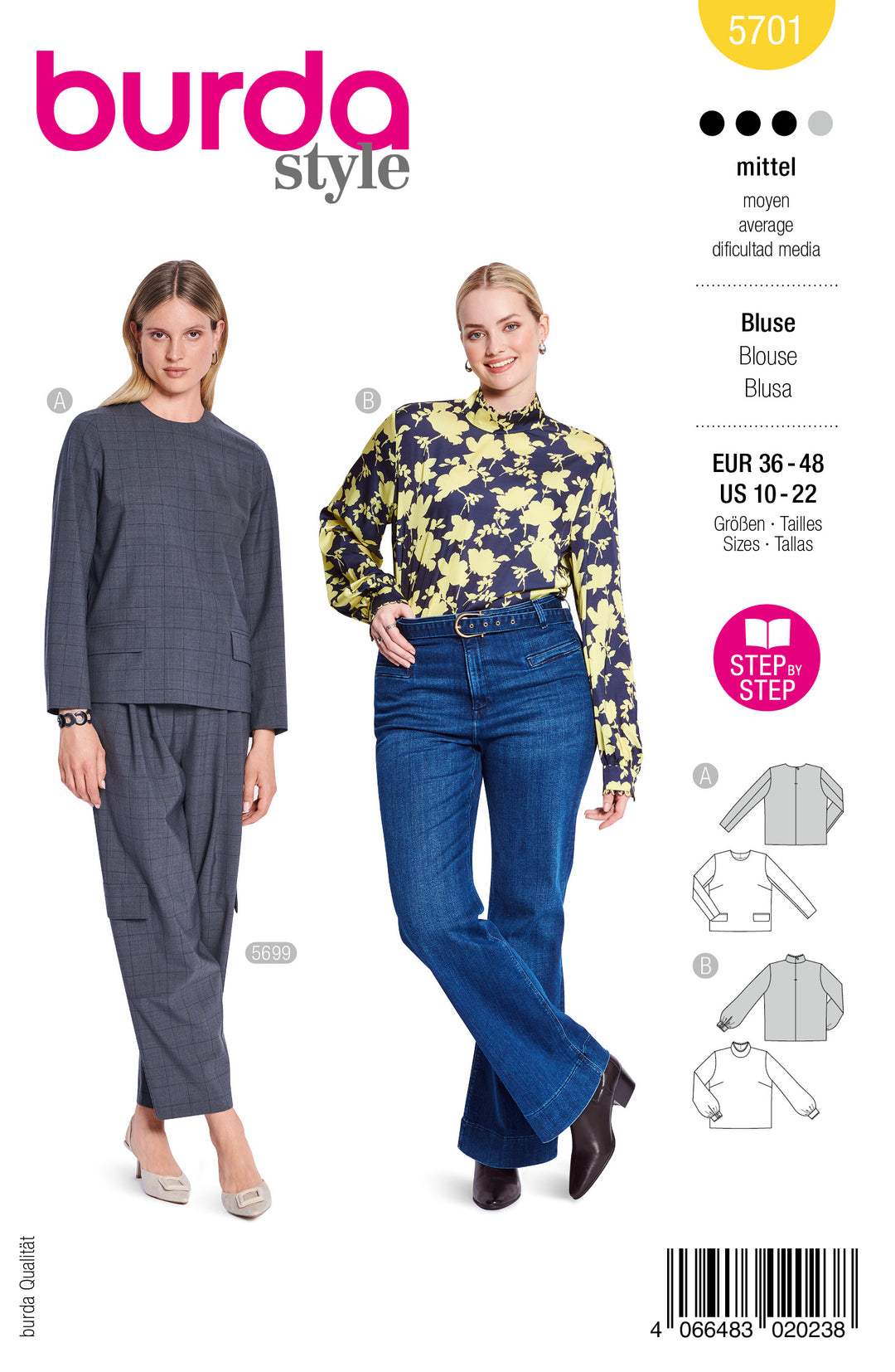 Burda Schnittmuster 5701 – Damen Langarmblusen mit raffinierten Details