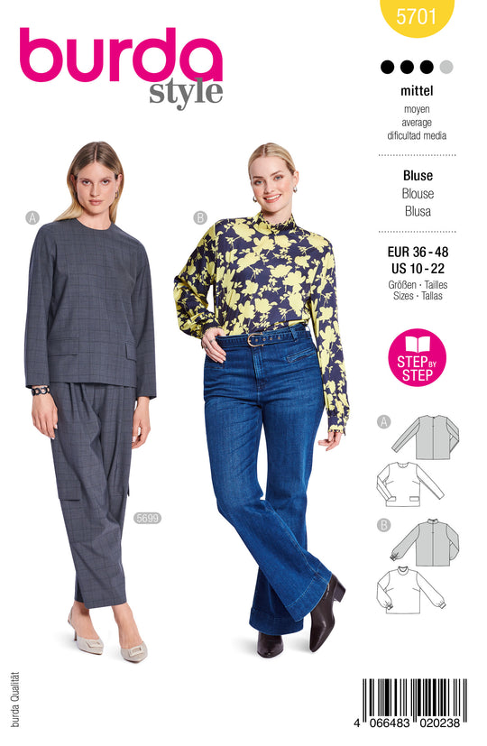 Burda Schnittmuster 5701 – Damen Langarmblusen mit raffinierten Details