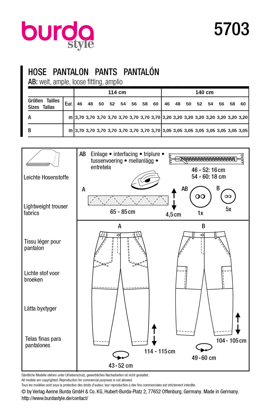 Burda Schnittmuster 5703 Damen lässig-elegante Cargohosen