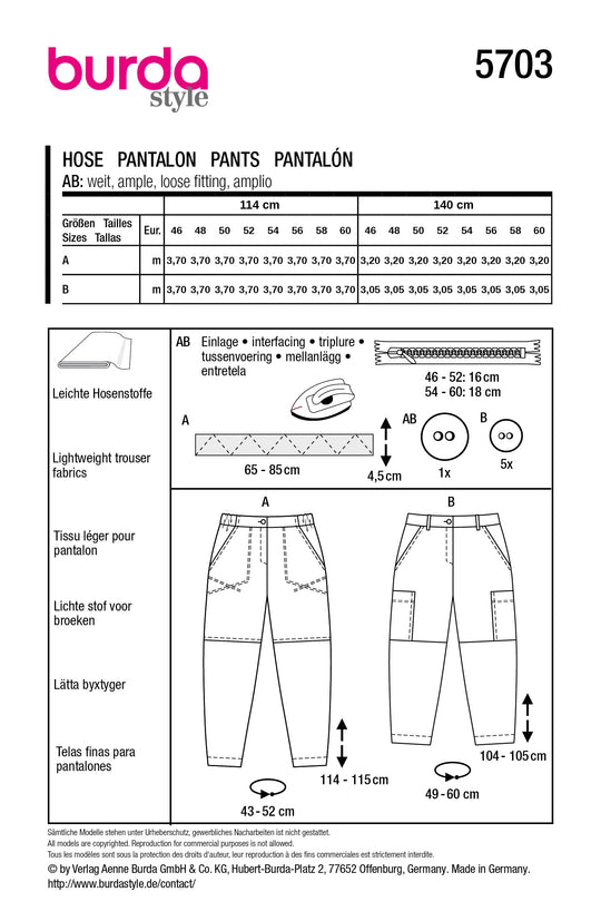 Burda Schnittmuster 5703 Damen lässig-elegante Cargohosen