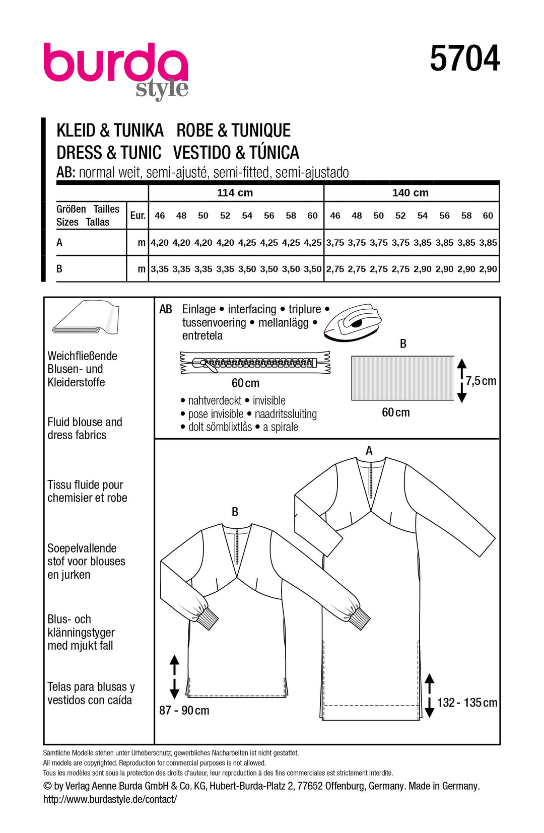 Burda Schnittmuster 5704 – Damen Kleid & Tunika mit V-Ausschnitt