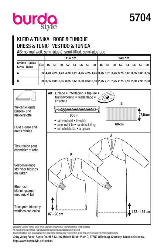 Burda Schnittmuster 5704 – Damen Kleid & Tunika mit V-Ausschnitt