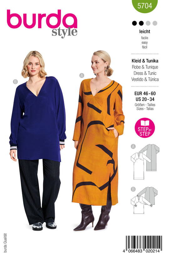 Burda Schnittmuster 5704 – Damen Kleid & Tunika mit V-Ausschnitt