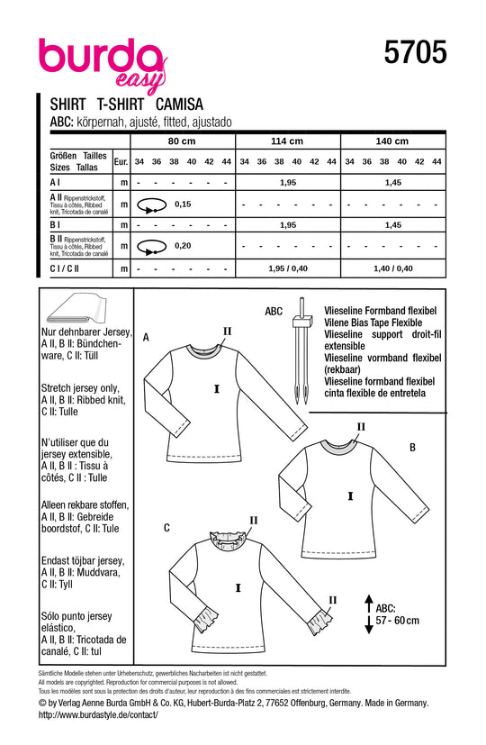 Burda Schnittmuster 5705 – Damen Basic Langarmshirts (3 easy Varianten)