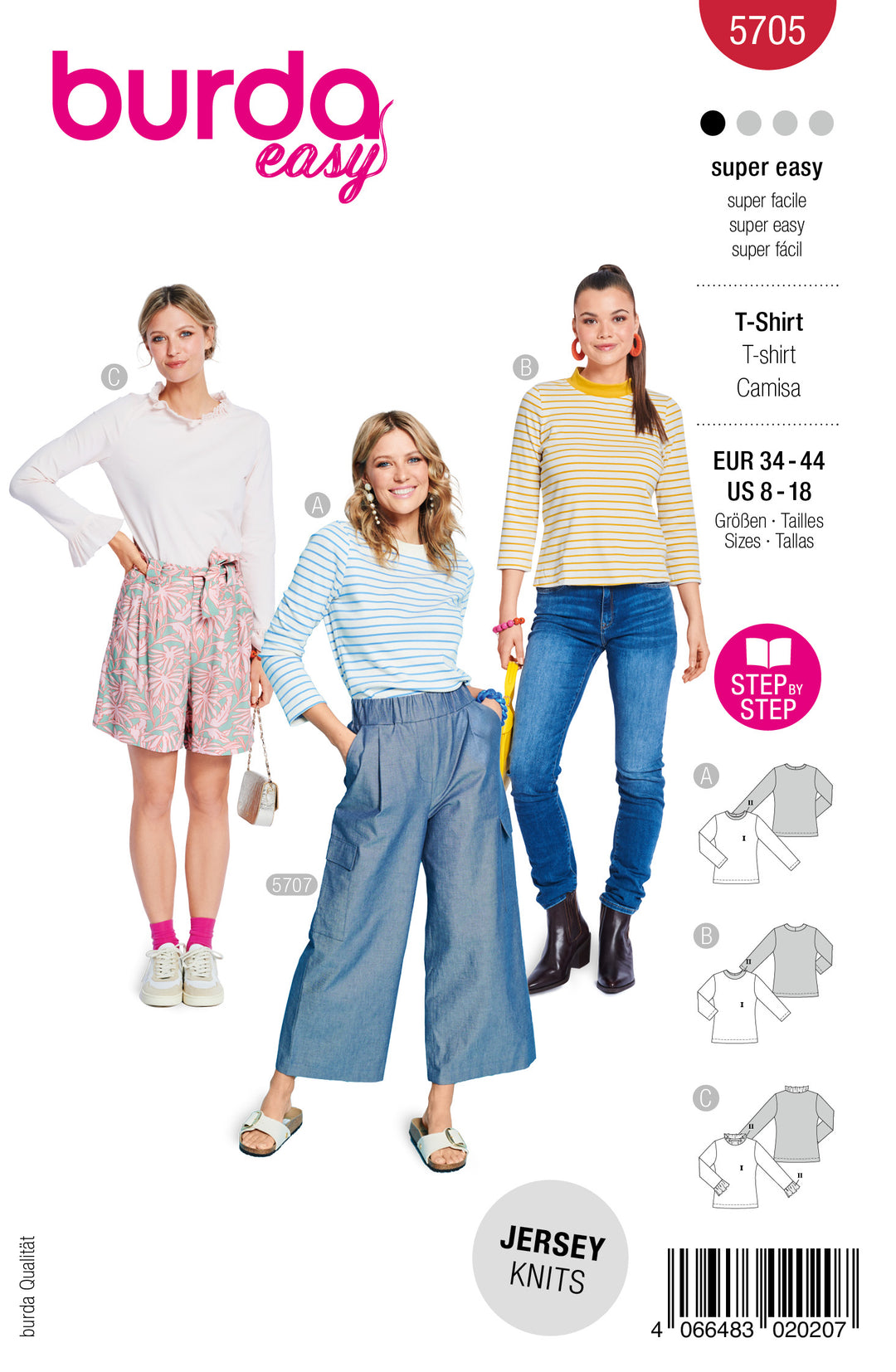 Burda Schnittmuster 5705 – Damen Basic Langarmshirts (3 easy Varianten)