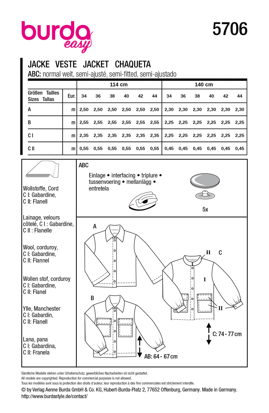Burda Schnittmuster 5706 – Damen Jacken mit Stehkragen (3 easy Varianten)