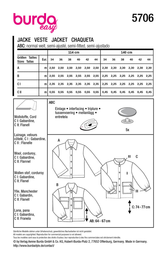 Burda Schnittmuster 5706 – Damen Jacken mit Stehkragen (3 easy Varianten)