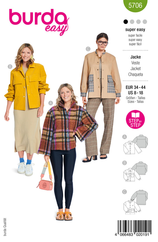 Burda Schnittmuster 5706 – Damen Jacken mit Stehkragen (3 easy Varianten)