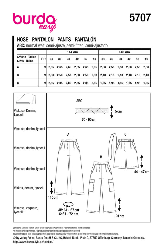 Burda Schnittmuster 5707 – Damen Marlene-Hosen mit Gummibund (3 Varianten)